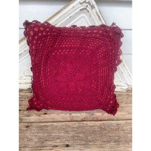 Vintage Burgundy Red cotton crochet Accent Pillow 13x13"